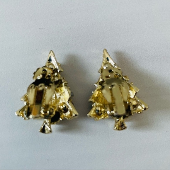 Vintage Christmas Tree Rhinestone Clip-On Earrings- Gold- Costume Jewelry - Picture 2 of 4